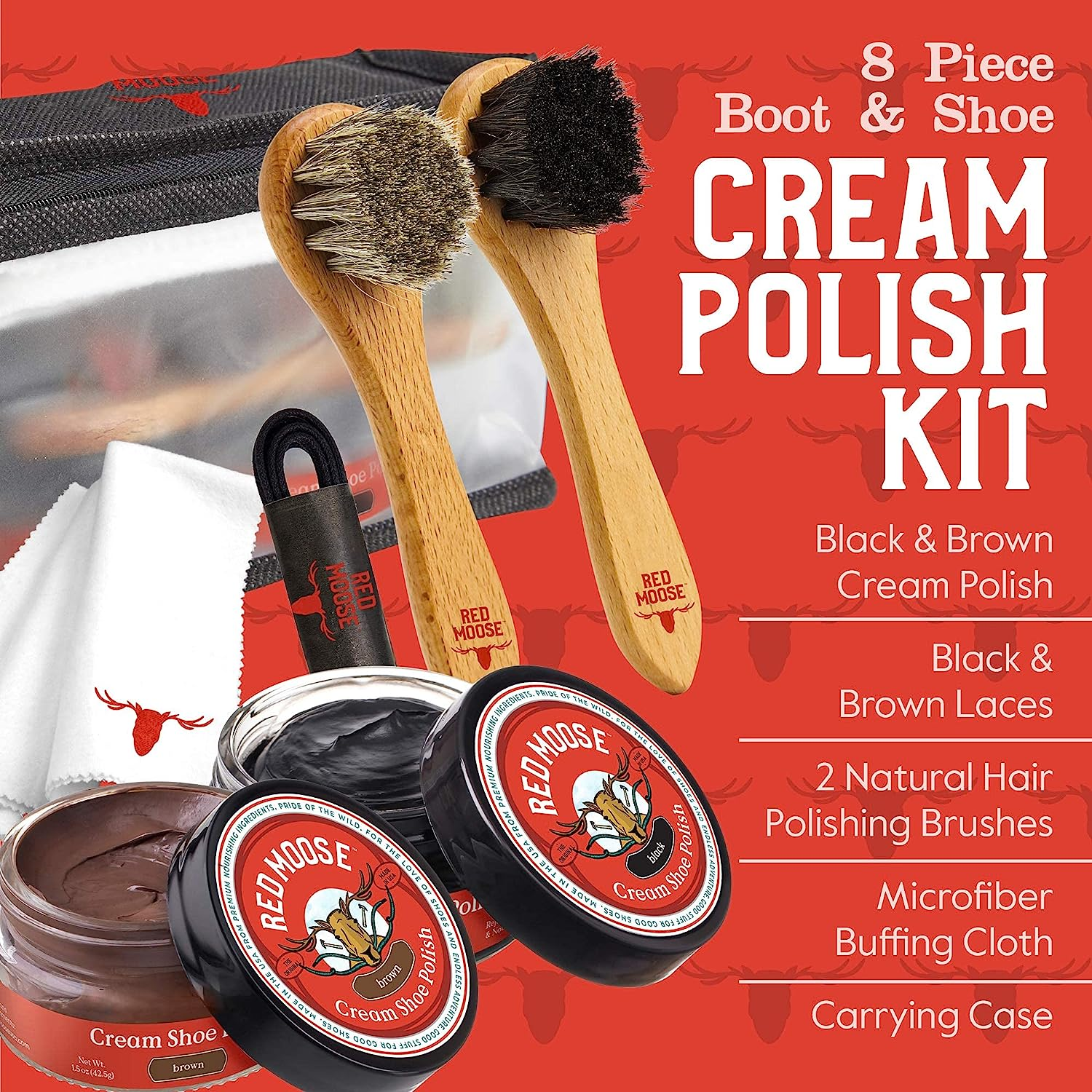 Full Leather Shoe Polish Kit – 2x Brush, Buffing Cloth, Travel Case, Laces